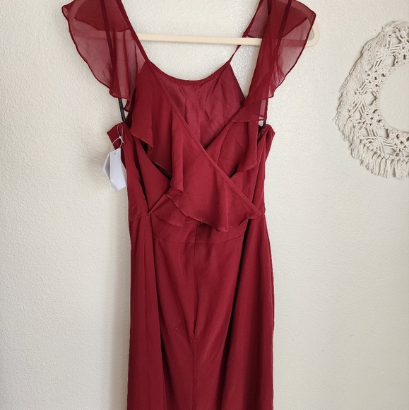 Dessy Collection Lux Chiffon Halter Back Ruffle Floor Dress In Burgundy 14 NWT - Picture 6 of 11